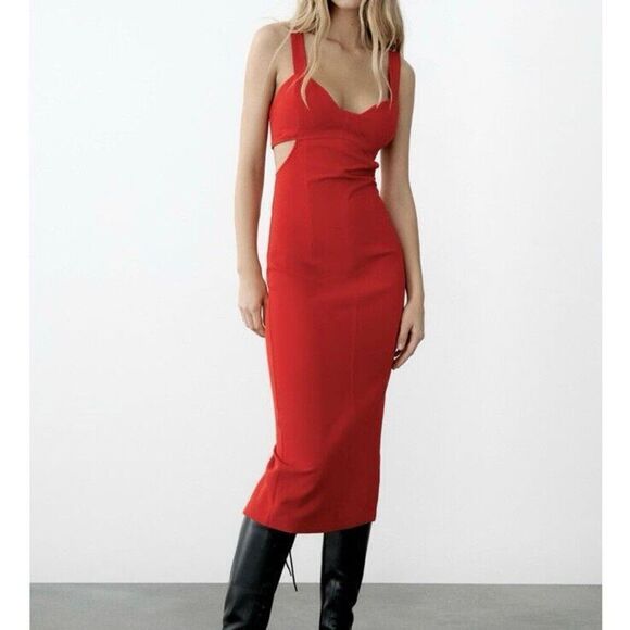 Zara Red Tank Cut Out Midi Dress - Picture 1 of 16